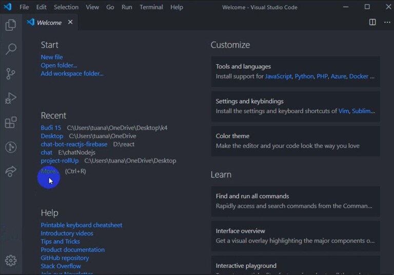 Giao diện trình soạn thảo Visual Studio Code