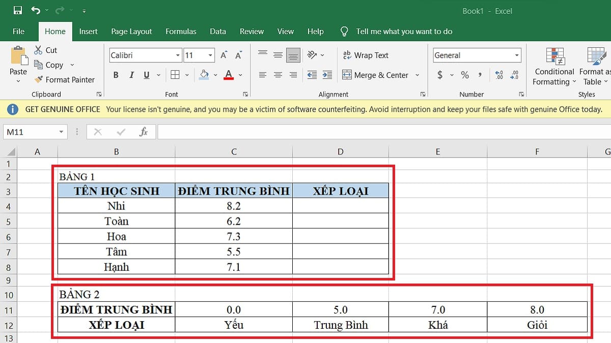 Cách dùng HLOOKUP để xếp loại danh hiệu học sinh - Bước 1