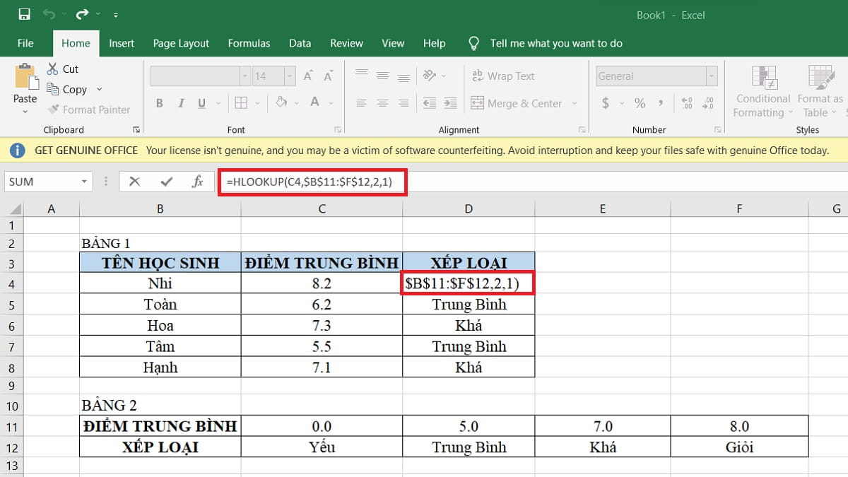 Cách dùng HLOOKUP để xếp loại danh hiệu học sinh - Bước 2