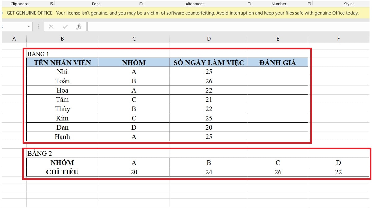 Ví dụ HLOOKUP kết hợp hàm IF để đánh giá nhân viên - Bước 1