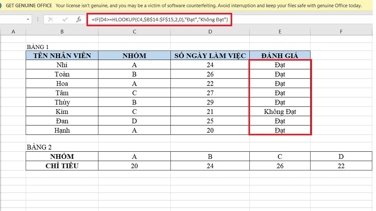 Ví dụ HLOOKUP kết hợp hàm IF để đánh giá nhân viên - Bước 2
