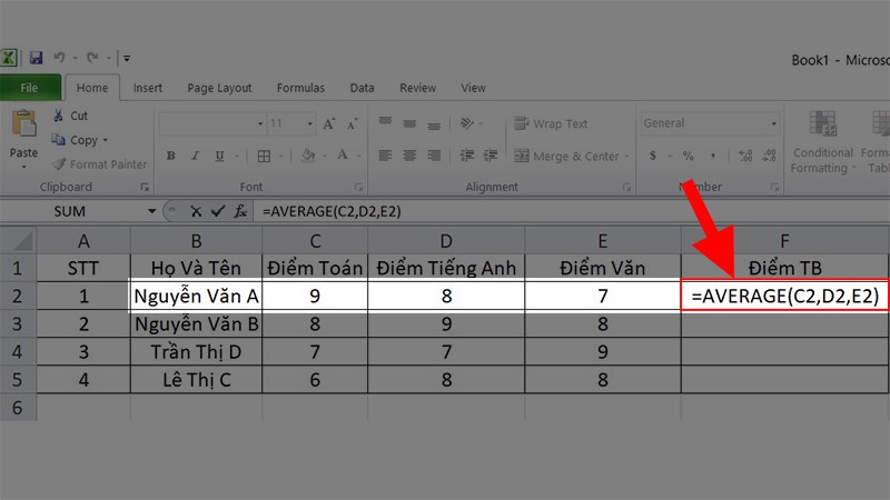 Cách dùng hàm AVERAGE để tính trung bình cộng trong Excel - Bước 1