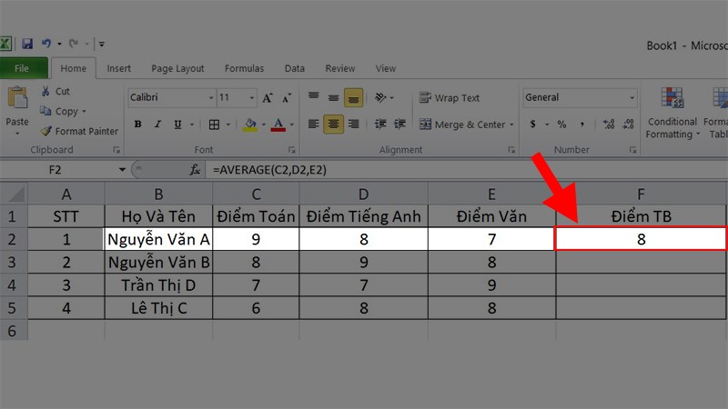 Cách dùng hàm AVERAGE để tính trung bình cộng trong Excel - Bước 2