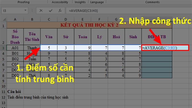 Bài tập áp dụng hàm AVERAGE - Bước 2