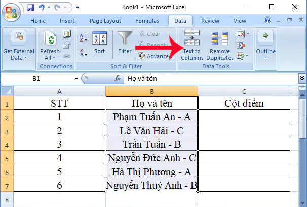 Cách tách nội dữ liệu trong ô Excel 2010, 2007 - B1
