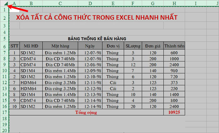 Xóa tất cả công thức trong Excel và vẫn giữ nguyên kết quả - Bước 1