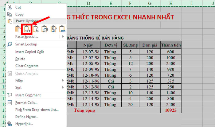 Xóa tất cả công thức trong Excel và vẫn giữ nguyên kết quả - Bước 3