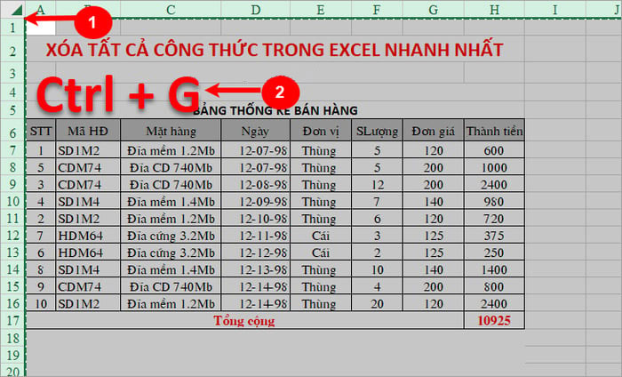 Tìm và xóa tất cả các công thức và kết quả trong Excel - Bước 1