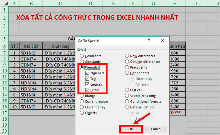 Tìm và xóa tất cả các công thức và kết quả trong Excel - Bước 3