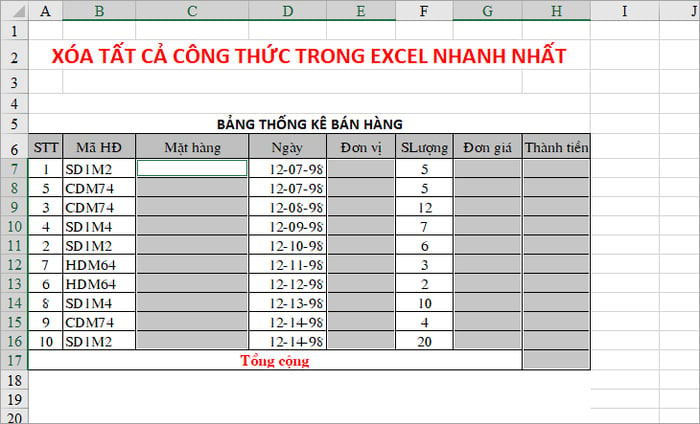 Tìm và xóa tất cả các công thức và kết quả trong Excel - Kết quả