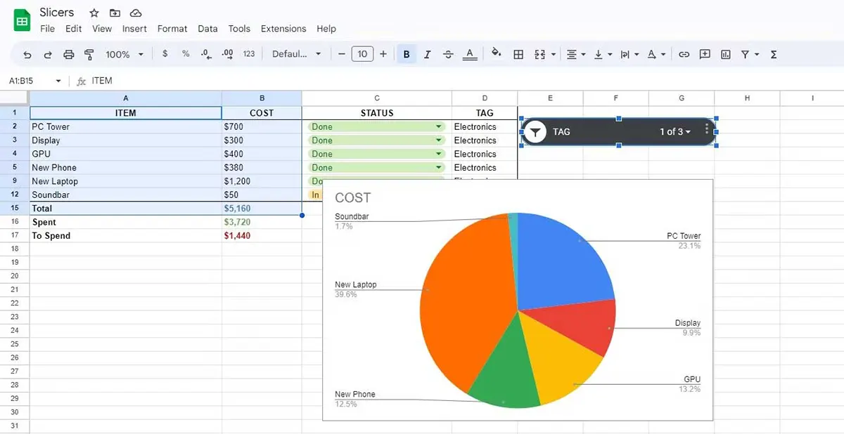 Dùng slicer với Dùng Slicer với biểu đồ trong Google Sheets - Bước 2