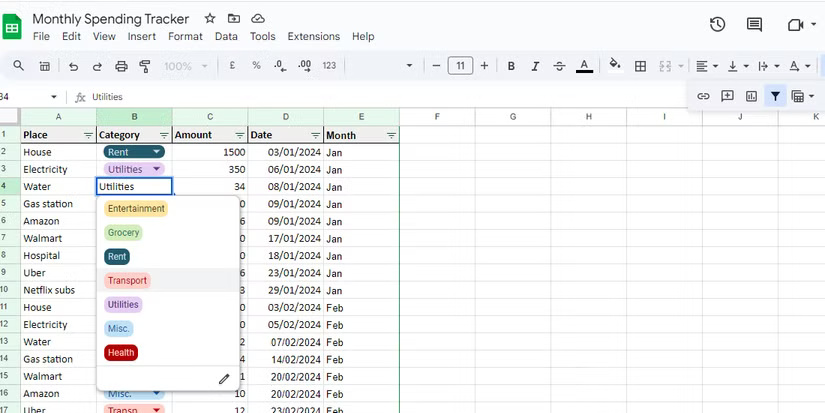 Tạo menu drop-down được mã hóa màu cho các danh mục chi tiêu trong Google Sheets