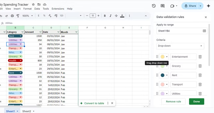 Tạo menu drop-down được mã hóa màu cho các danh mục chi tiêu trong Google Sheets - Bước 2