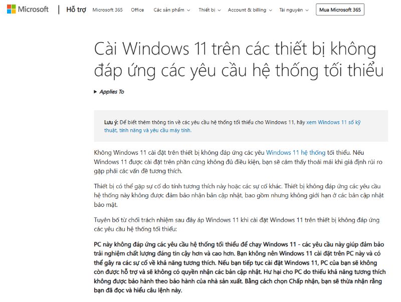 Tuyên bố miễn trừ trách nhiệm nêu rõ việc cài đặt Windows 11 trên máy tính không đạt yêu cầu tối thiểu