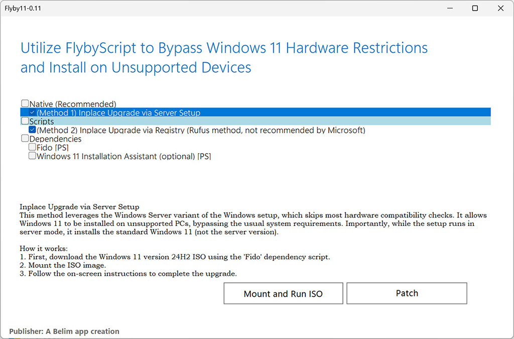 Flyby11 là một trình vá lỗi đơn giản giúp loại bỏ các hạn chế khó chịu ngăn bạn cài đặt Windows 11 (24H2) trên phần cứng không được hỗ trợ