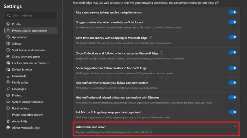 Nhấp vào tùy chọn Address bar and search trong cài đặt Microsoft Edge