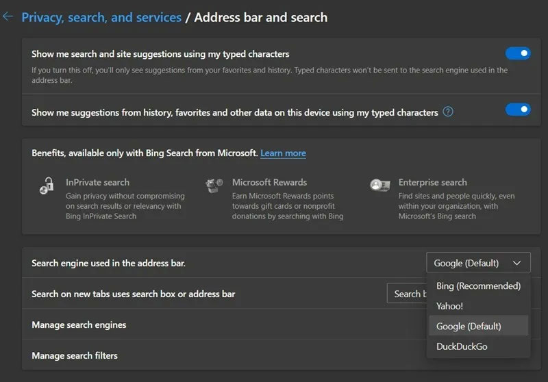 Thay đổi công cụ tìm kiếm trong Microsoft Edge