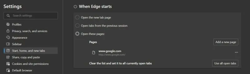 Tùy chỉnh trang When Edge starts thông qua cài đặt Edge