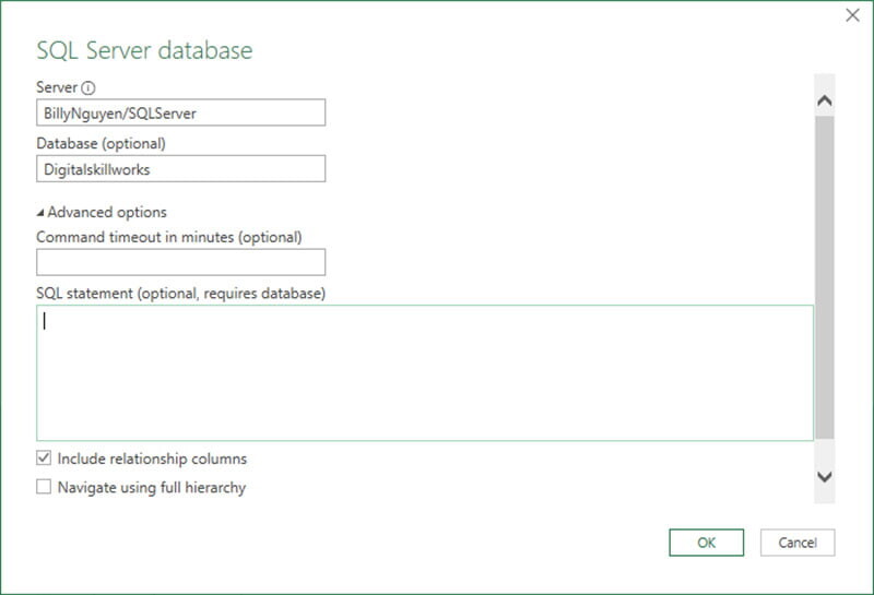 Tạo kết nối đến SQL Server để lấy dữ liệu vào Excel - Bước 2