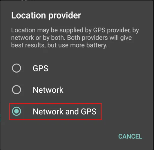 Tùy chọn "Network and GPS" cho nguồn dữ liệu vị trí địa lý của Ulogger.