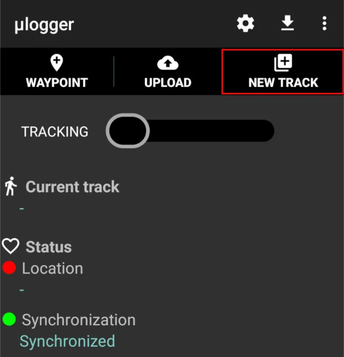 Tùy chọn "New Track" trên ứng dụng di động Ulogger