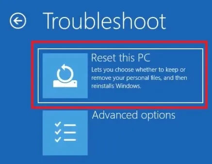 Tùy chọn Reset this PC trong menu Troubleshoot