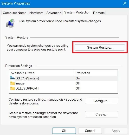 Sử dungh System Restore trong System Properties