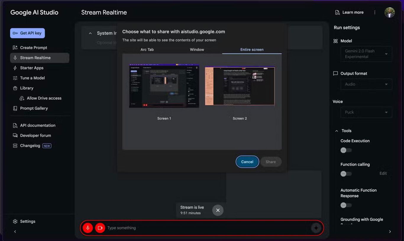 Tùy chọn chia sẻ màn hình Google AI Studio khi đánh thức Stream Realtime