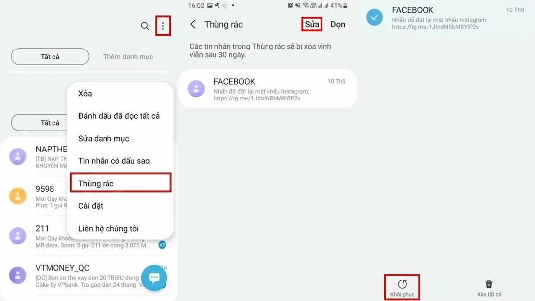 Khôi phục tin nhắn SMS bằng tính năng Thùng rác