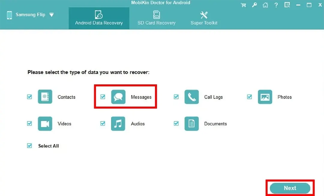 Phục hồi tin nhắn SMS trên Samsung bằng MobiKin Doctor - Bước 4