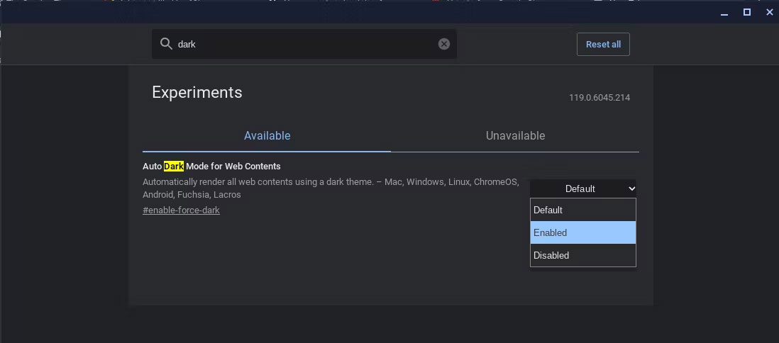 Cửa sổ Experiments trên Chrome đã bật tùy chọn Dark Mode