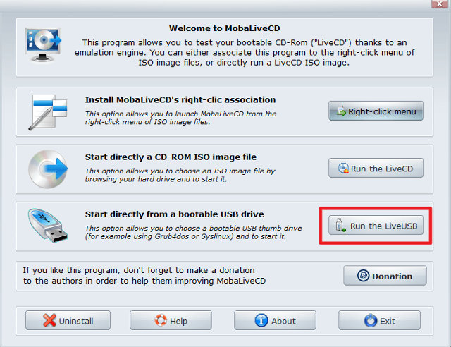 Sử dụng MobaLiveCD để kiểm tra USB Boot - Click Run the LiveUSB 