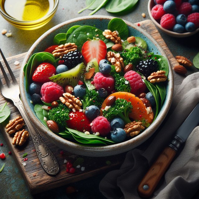 Thường xuyên bổ sung các loại rau củ quả vào chế độ ăn giúp tăng cường sức khỏe tim mạch, phòng ngừa đột quỵ. (Ảnh minh họa do AI sáng tạo)